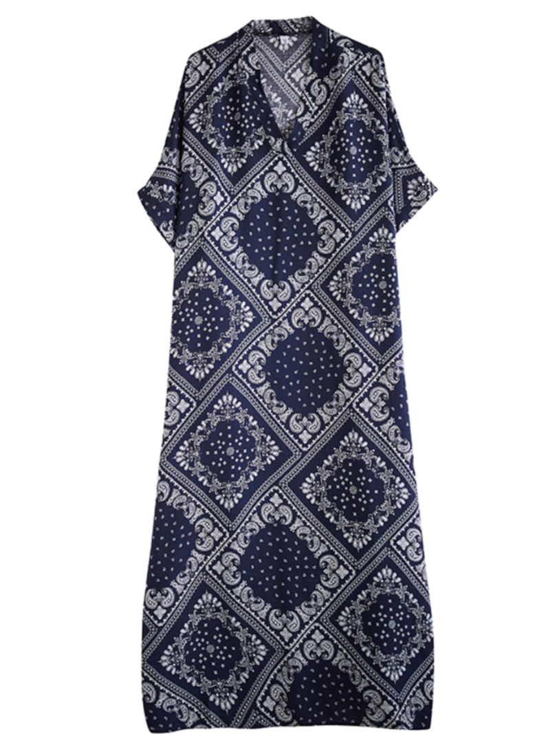V-Neck Paisley Print Batwing Sleeve Loose Kaftan Maxi Dress