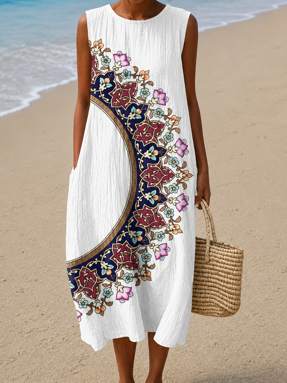 Round Neck Sleeveless Placement Floral Print Loose Shift Midi Dress