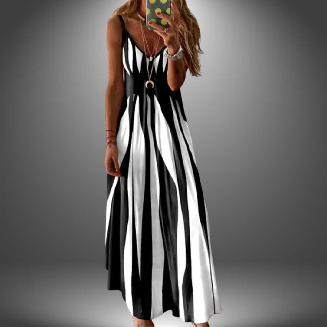 Spaghetti Strap V-Neck Striped A-Line Flowy Maxi Dress 2
