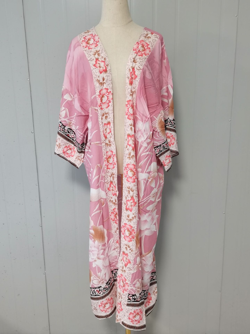 Floral Print Wide Sleeve Open Front Long Kimono 5