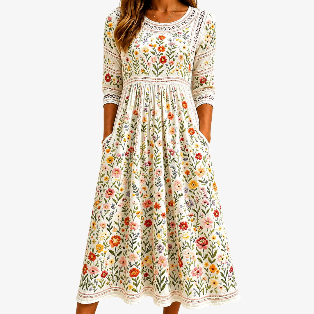Round Neck Wildflower Floral Crochet Trim Three-Quarter Sleeve A-Line Midi Dress