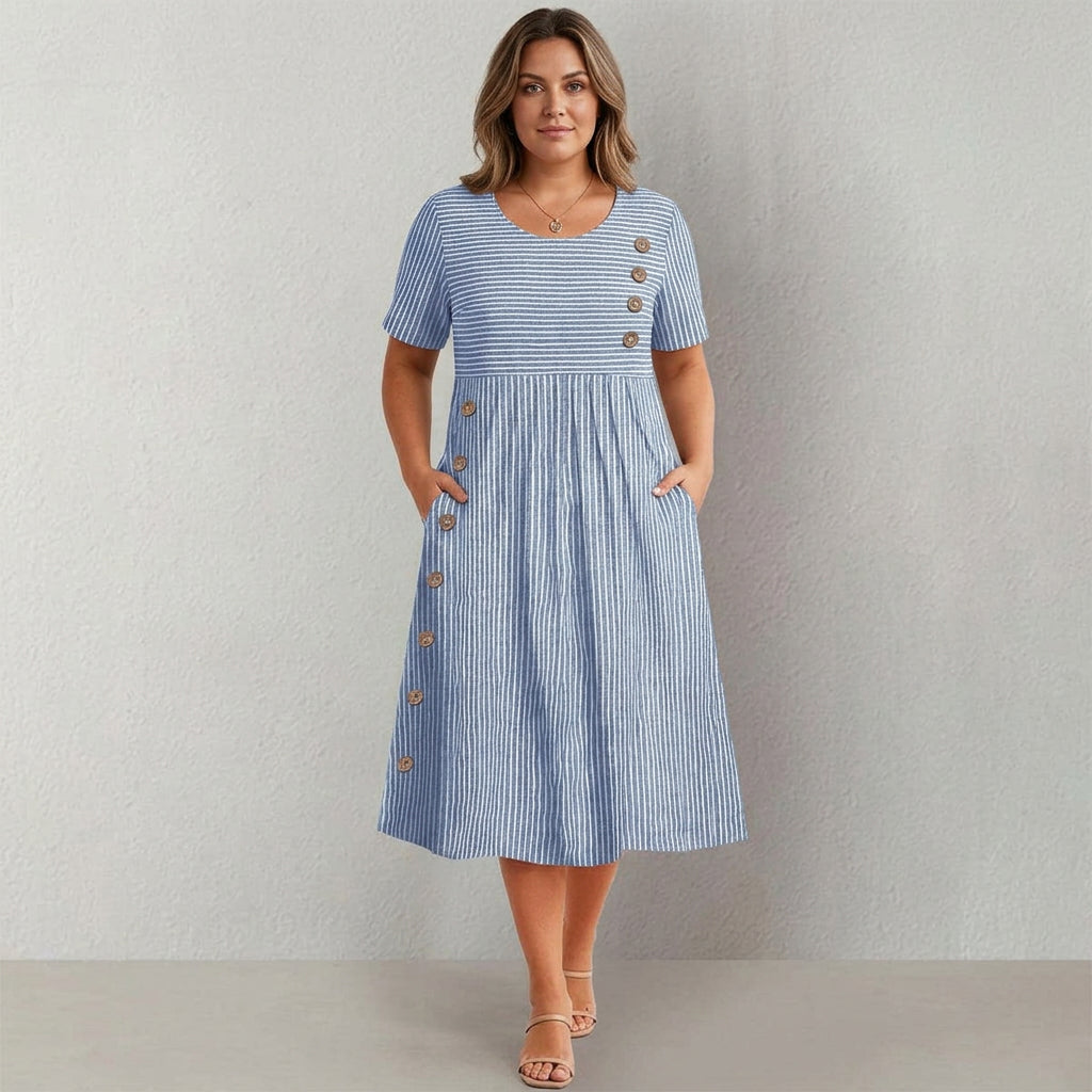 Round Neck Short Sleeve Striped Button Pocket Pleated Midi Dress 3