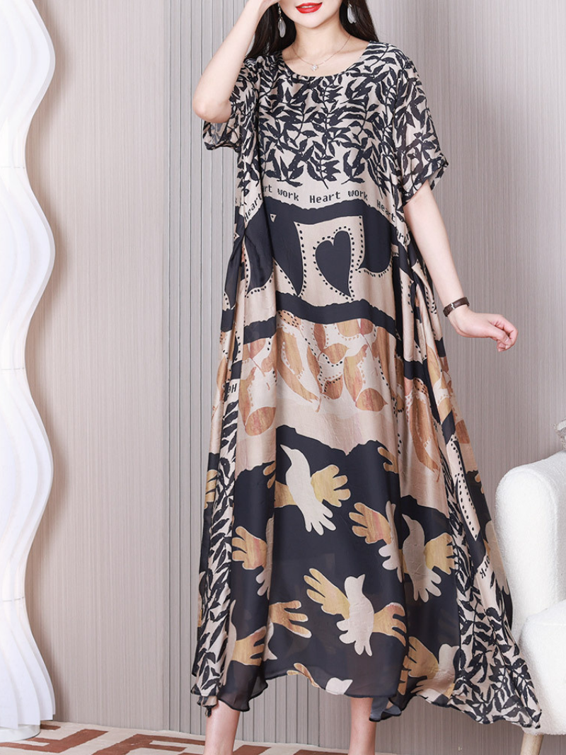 Round Neck Abstract Leaf Print Short Sleeve Loose Maxi Dress 5