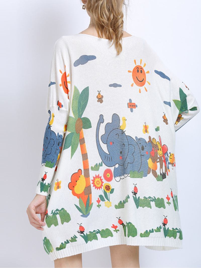 Boat Neck Cartoon Elephant Print Batwing Sleeve Loose Knit Sweater 4