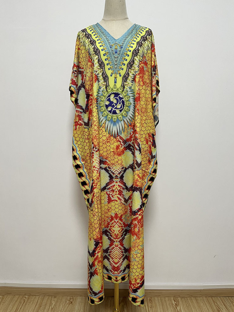 Round Neck Leopard Baroque Print Short Sleeve Loose Kaftan Maxi Dress 6