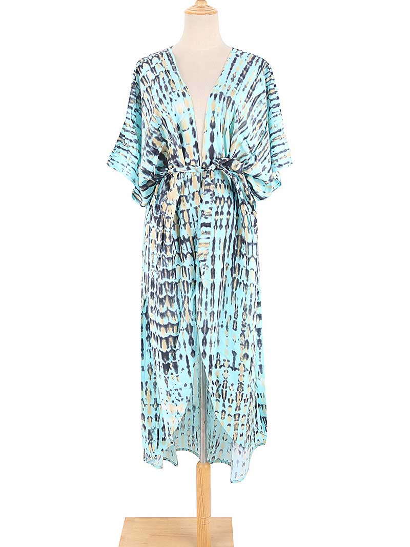 Tie-Dye Stripe Print Open Front Long Kimono Duster Robe 25