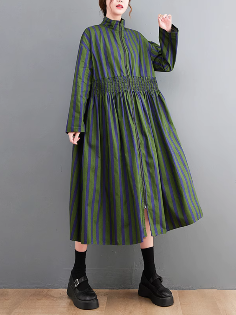 Stand Collar Striped Zip Front Shirred Long Sleeve A-Line Midi Dress