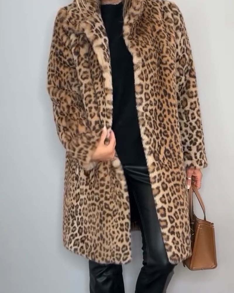Notched Lapel Leopard Faux Fur Long Coat 5