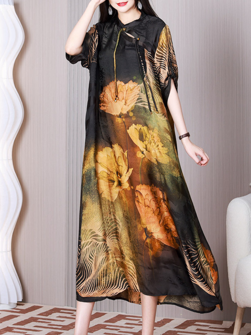 Yellow Stand Collar Floral Print Short Sleeve Loose A-Line Maxi Dress 3