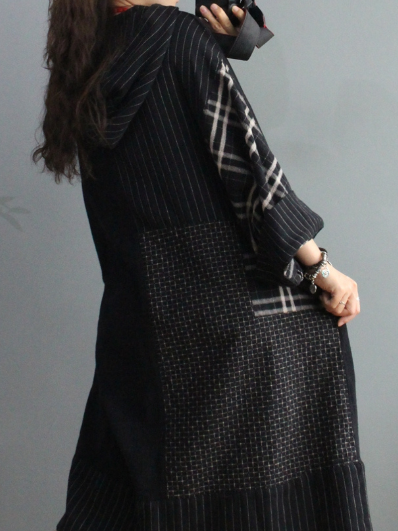 Plaid Cotton Loose Large Pockets Hooded Dress