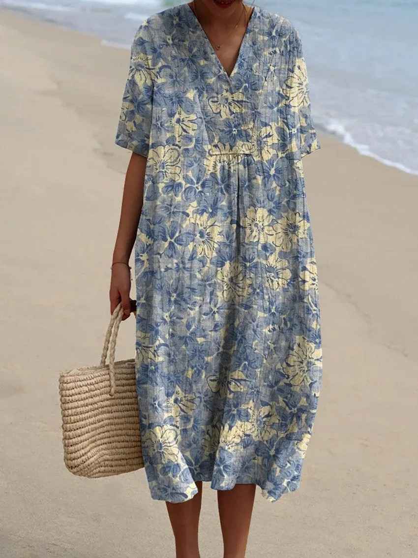 Collar Short Sleeve Floral Print Cocoon Midi Dress