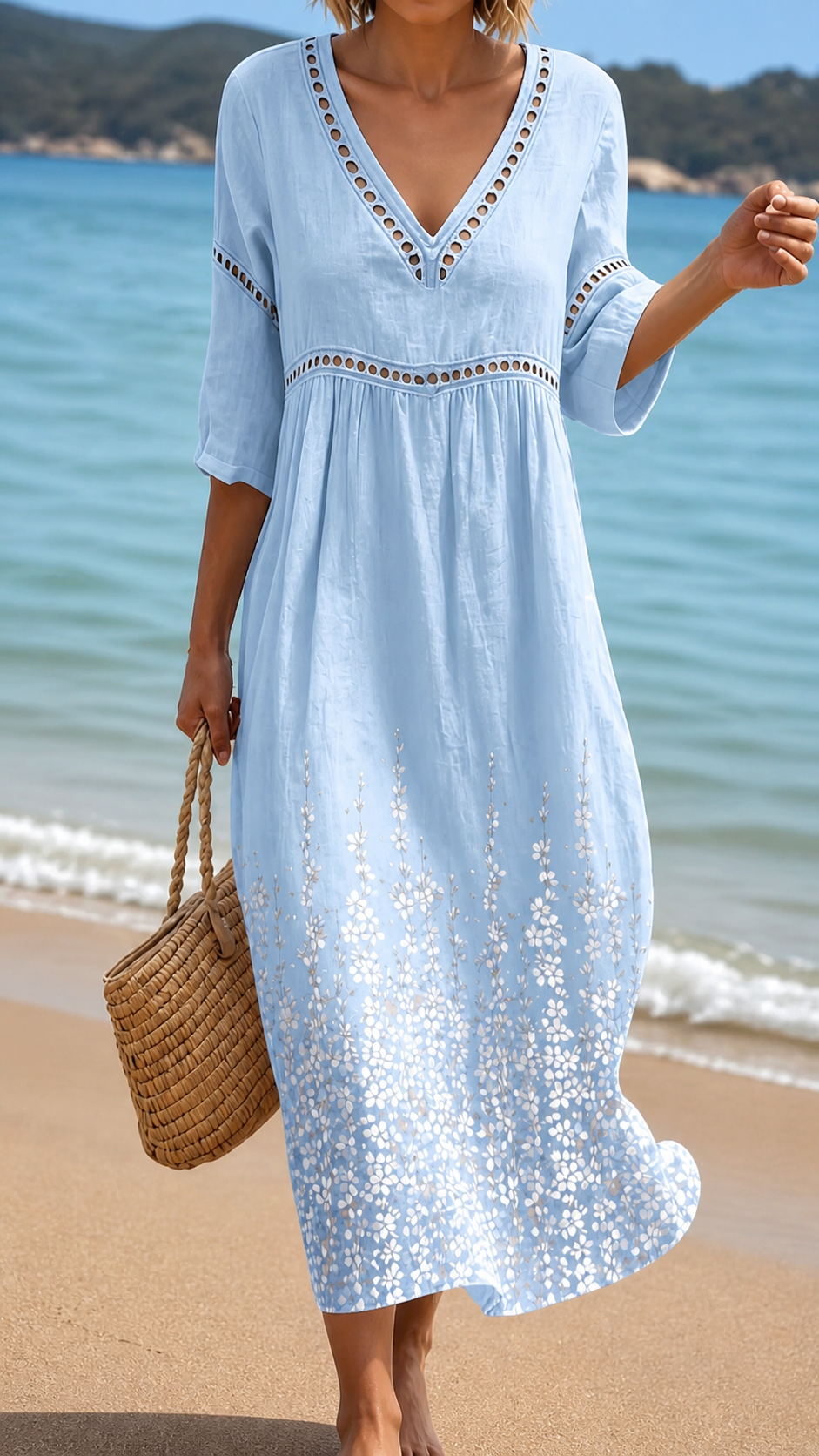 V-Neck Crochet Trim Floral Border Print Half Sleeve A-Line Maxi Dress