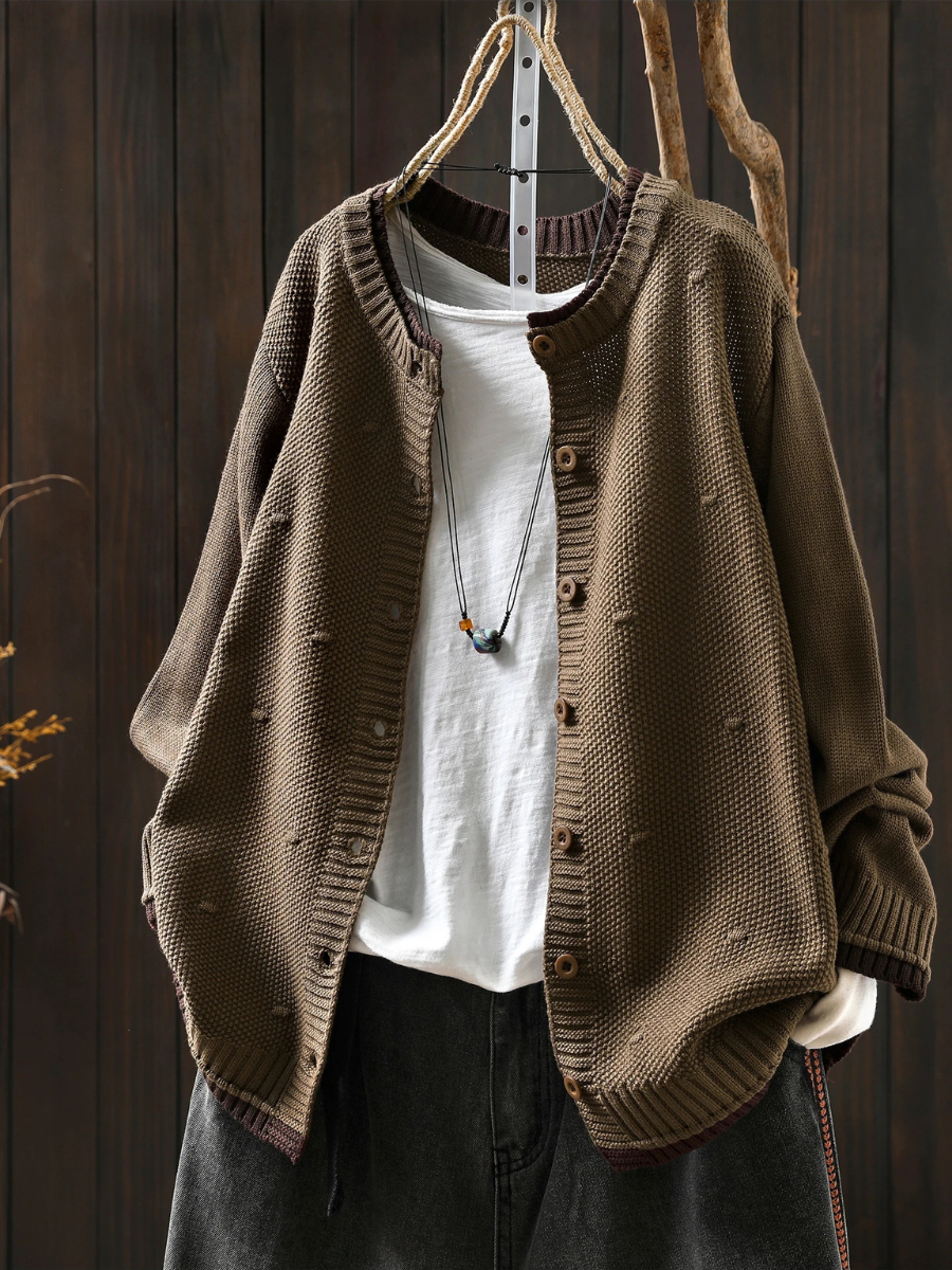 Textured Knit Button-Front Round Neck Long Sleeve Cardigan 7