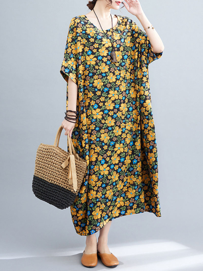 Multi Color Round Neck Floral Print Batwing Sleeve Loose A-Line Maxi Dress 7