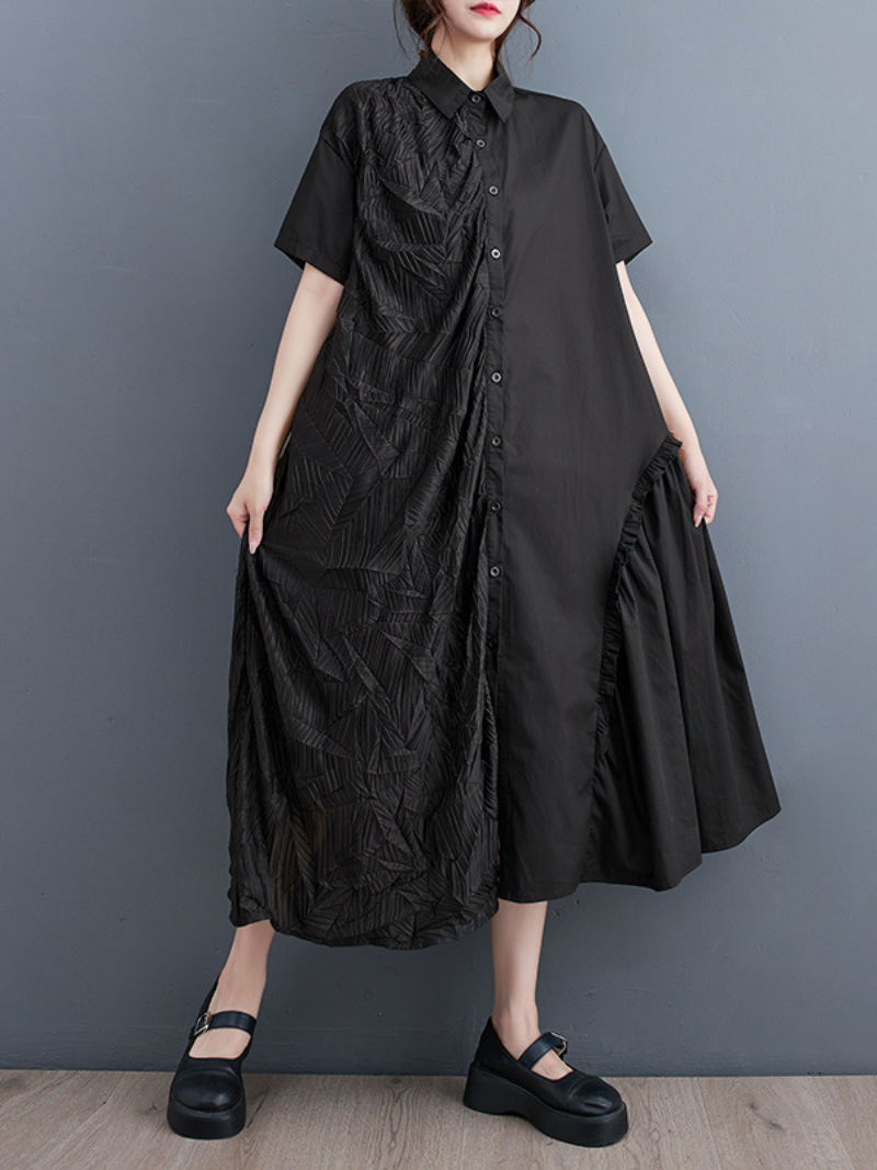 Collared Short Sleeve Textured Panel Ruffle A-Line Midi Dress 6
