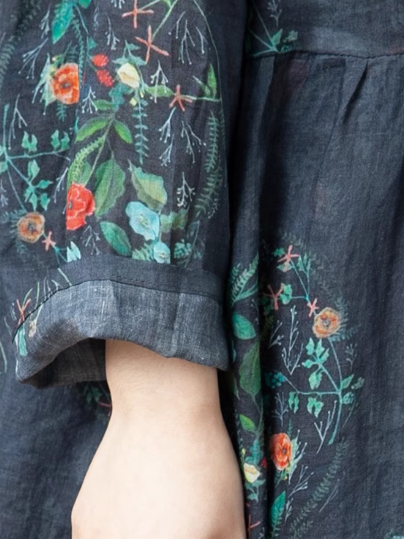 V-Neck Floral Print Long Sleeve Loose A-Line Midi Dress 3