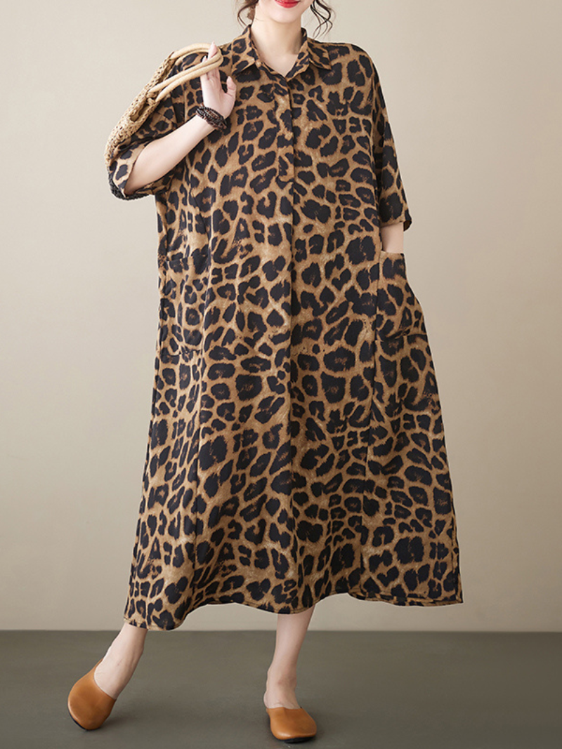 Collared Leopard Print Half Sleeve Loose Shirt Maxi Dress