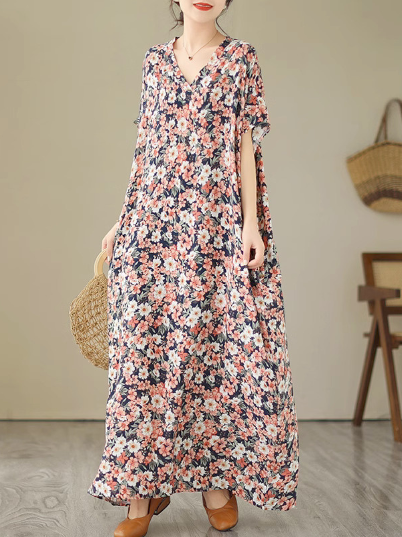 Multi Color V-Neck Ditsy Floral Batwing Sleeve Loose Kaftan Maxi Dress 2