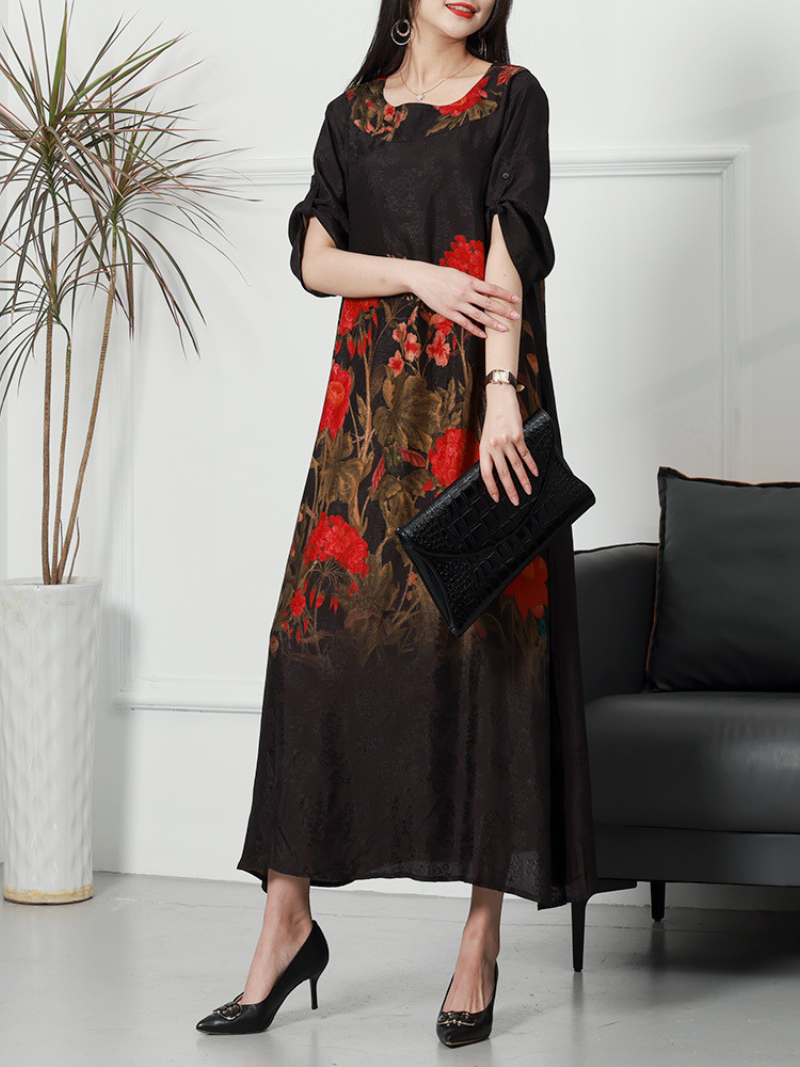 Red Round Neck Floral Print Loose Half Sleeve A-Line Maxi Dress