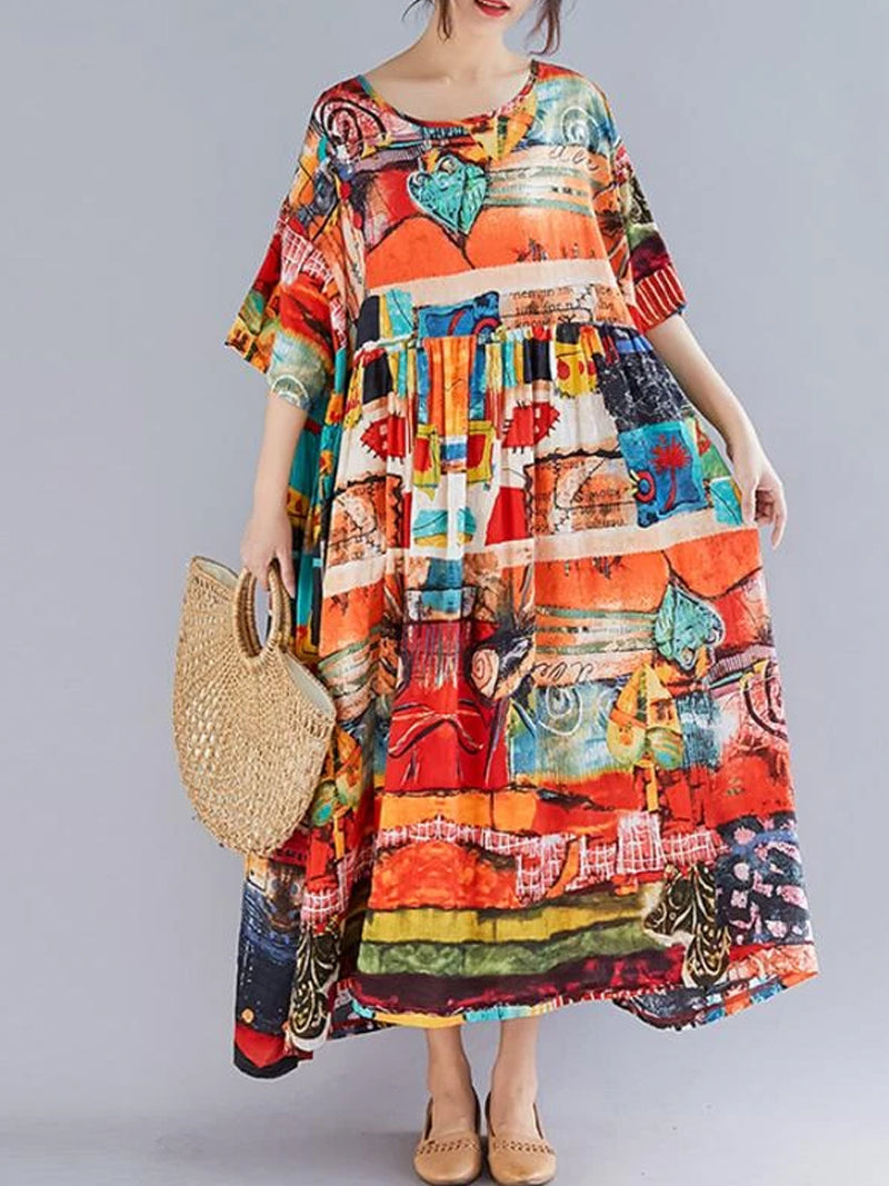 Multi Color Round Neck Short Sleeve Abstract Print Tiered Smock Maxi Dress