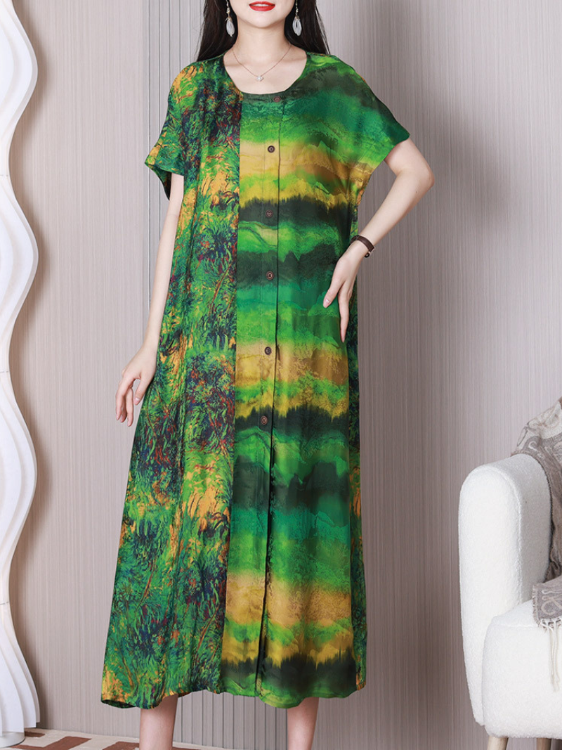 Green Round Neck Short Sleeve Watercolor Print Button Front Shirt Maxi Dress