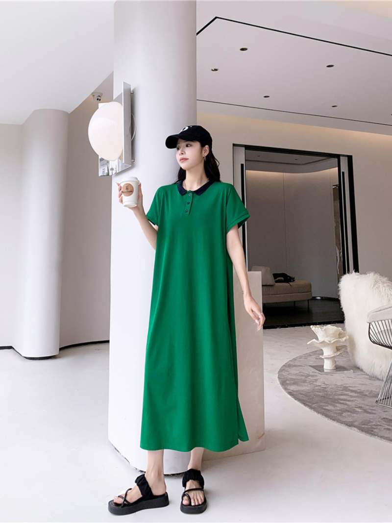 Polo Collar Button Short Sleeve Loose A-Line Maxi Dress