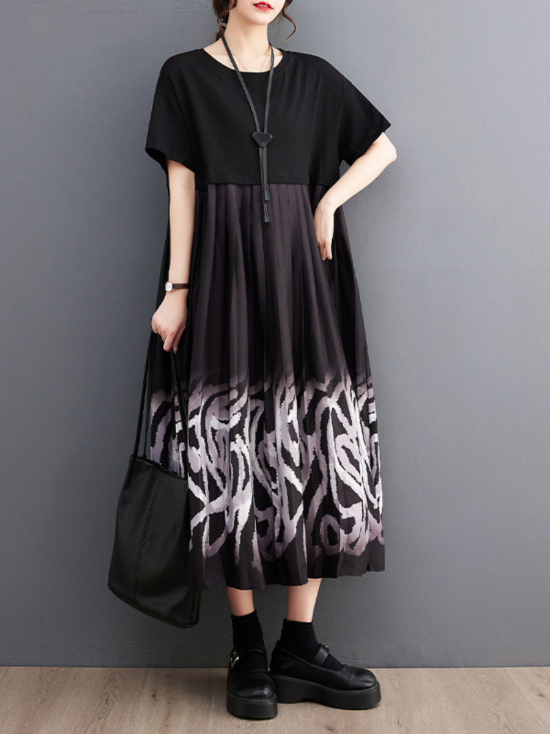 Black Round Neck Short Sleeve Abstract Print Pleated Smock Midi Dress
