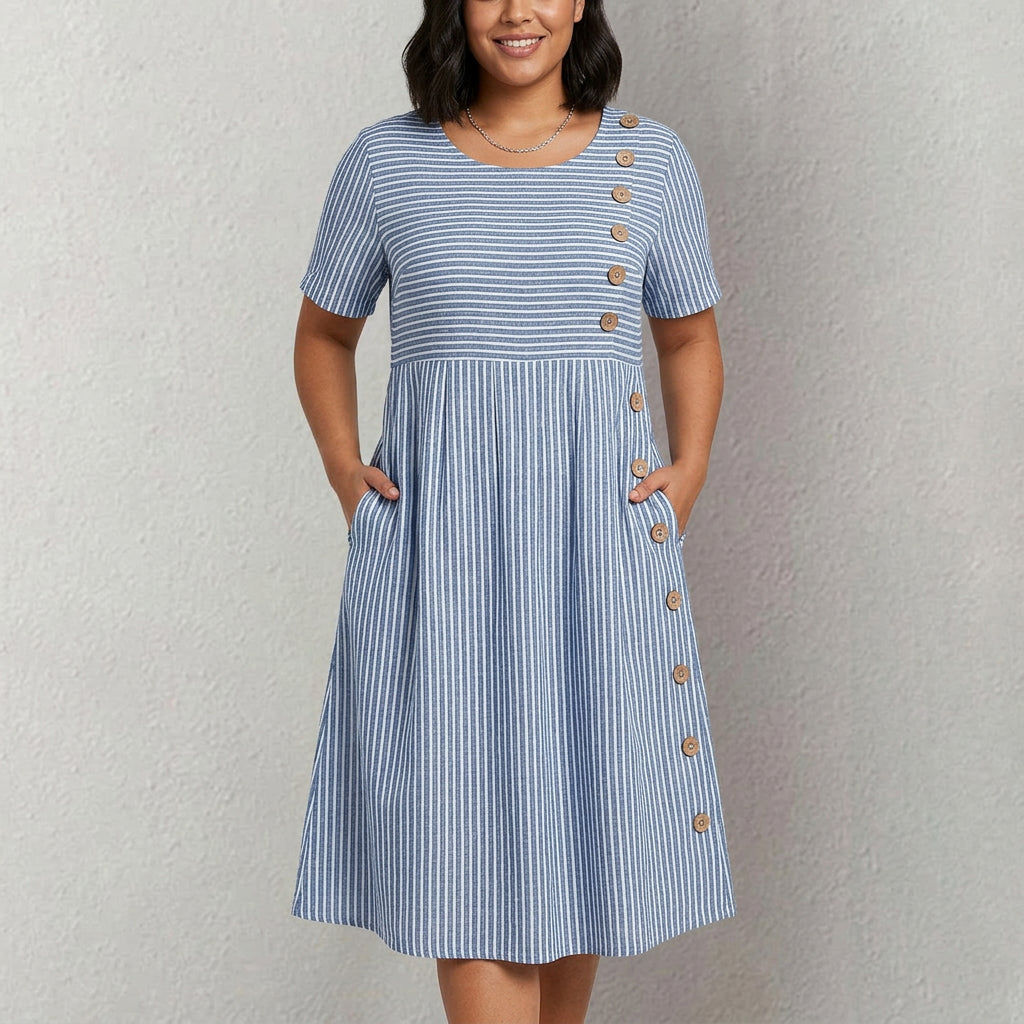 Round Neck Short Sleeve Striped Button Pocket Pleated Midi Dress