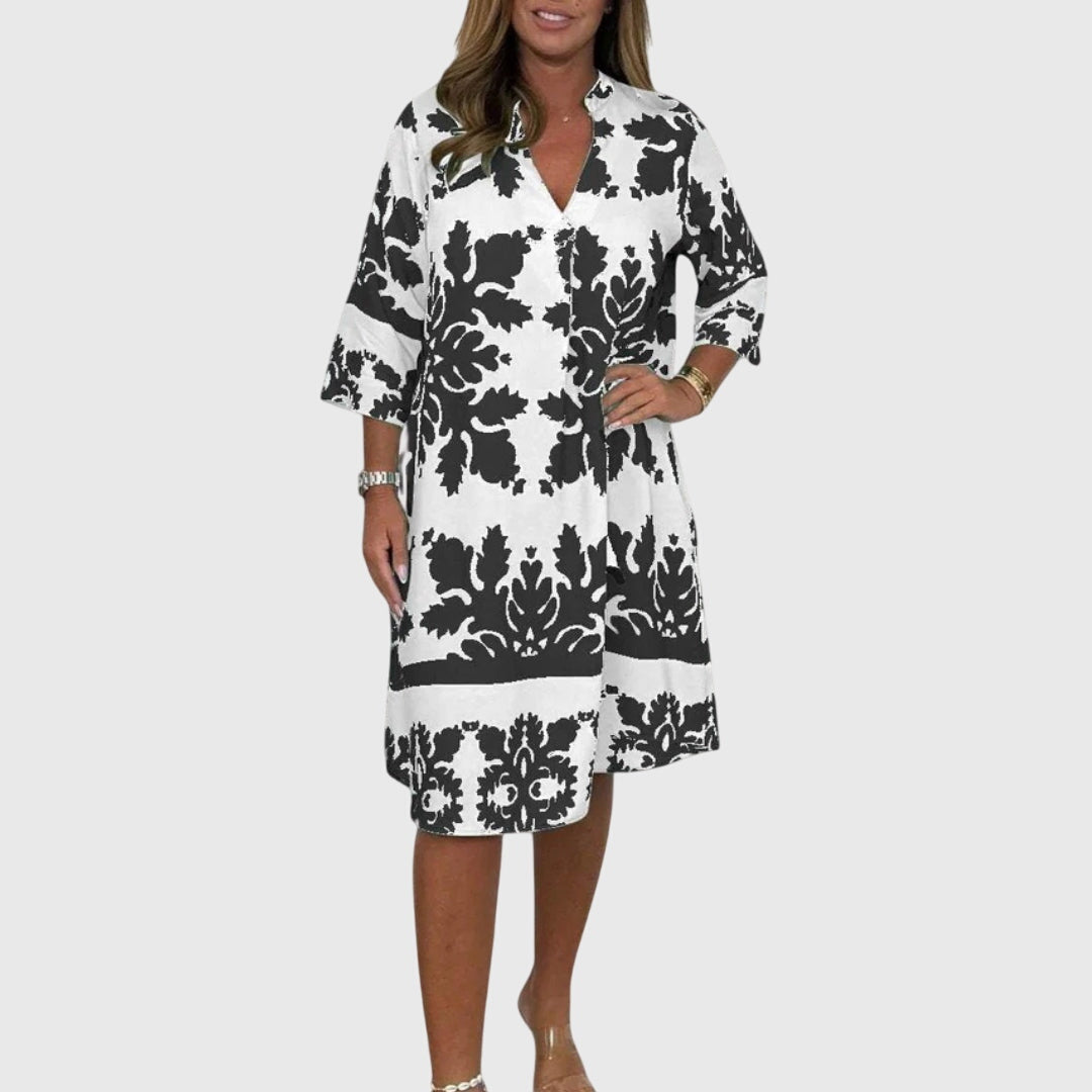 Split Neck Three-Quarter Sleeve Damask Print Shift Midi Dress 4