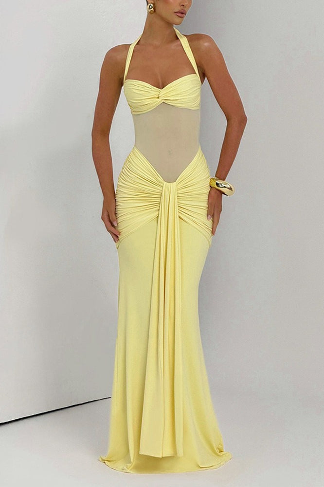 Mesh Paneled Fishtail Sash Bodycon Party Dress