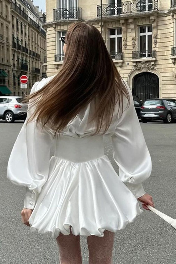 White V-Neck Puff Sleeve Mini Dress