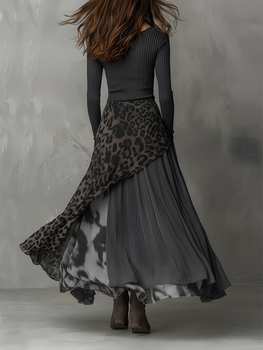 Grey Long Sleeve Ribbed Knit Leopard Chiffon Asymmetric Maxi Skirt Set 2
