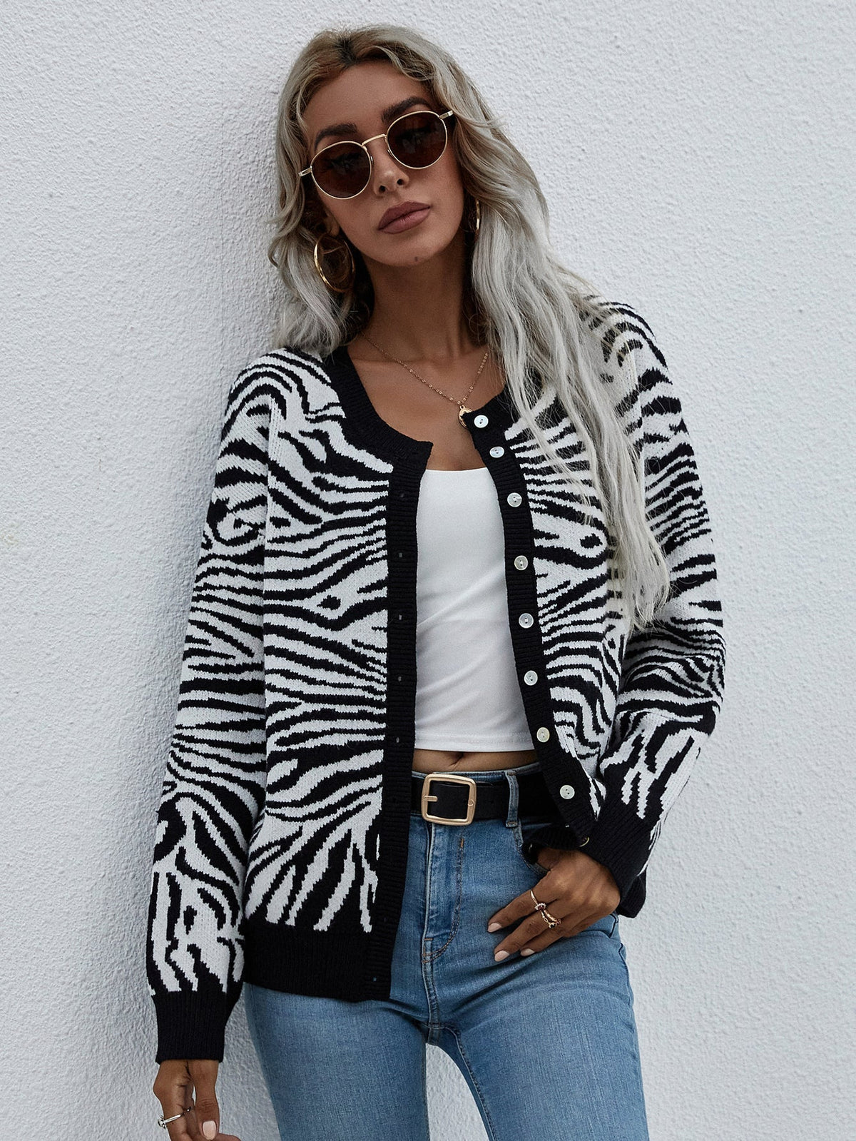 Round Neck Zebra Print Button Up Long Sleeve Knit Cardigan 10