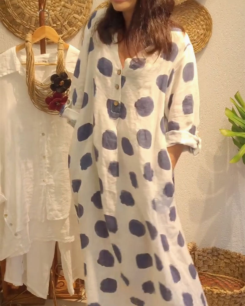V-Neck Polka Dot Button Front Long Sleeve Loose Maxi Dress