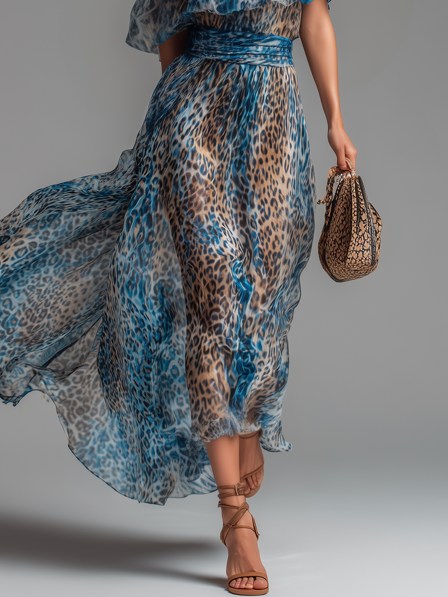 Blue One-Shoulder Ruffle Leopard Chiffon Flowy A-Line Maxi Dress 5
