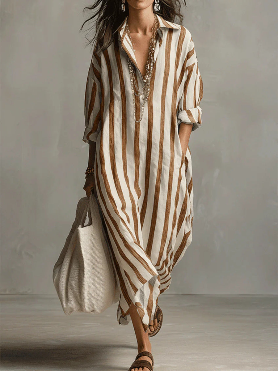 Collared Striped Long Sleeve Oversized Linen Shirt Maxi Dress 7