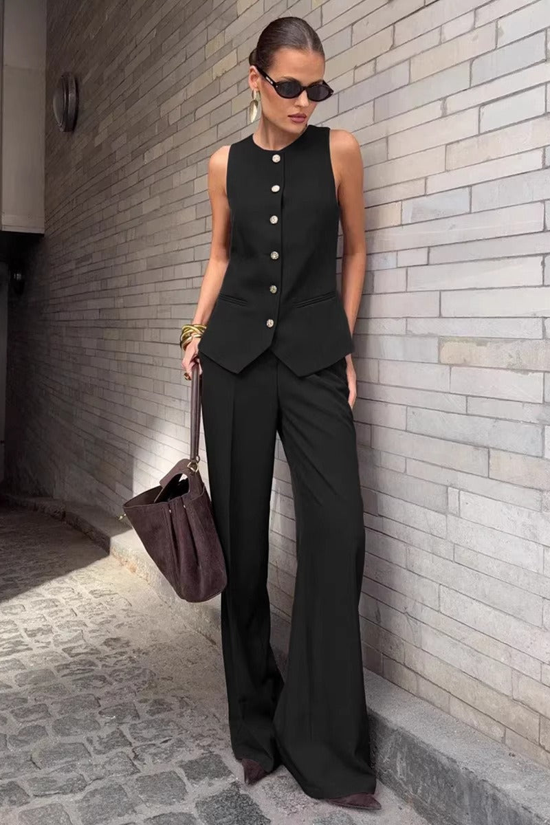 Blazer Vest Wide Leg High Waist Two Piece Work Set