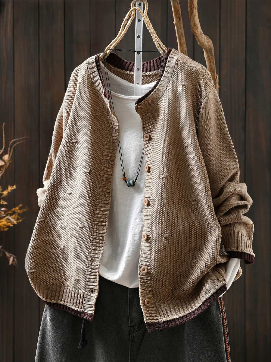 Textured Knit Button-Front Round Neck Long Sleeve Cardigan 8