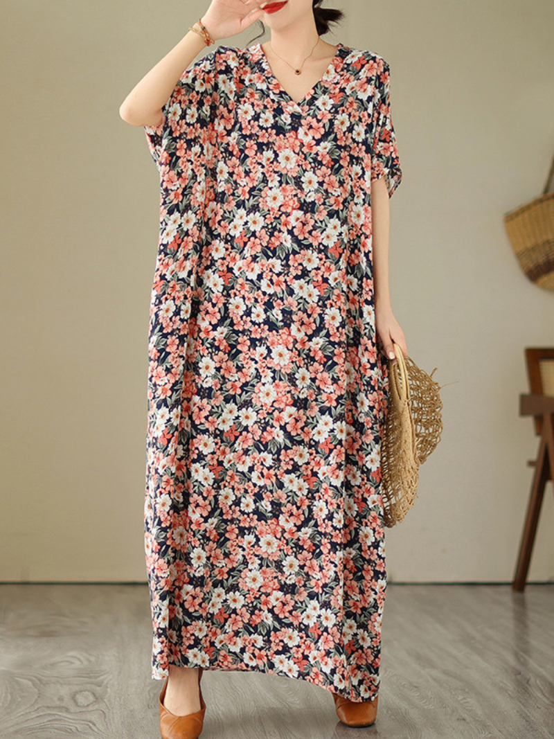 Multi Color V-Neck Ditsy Floral Batwing Sleeve Loose Kaftan Maxi Dress 3