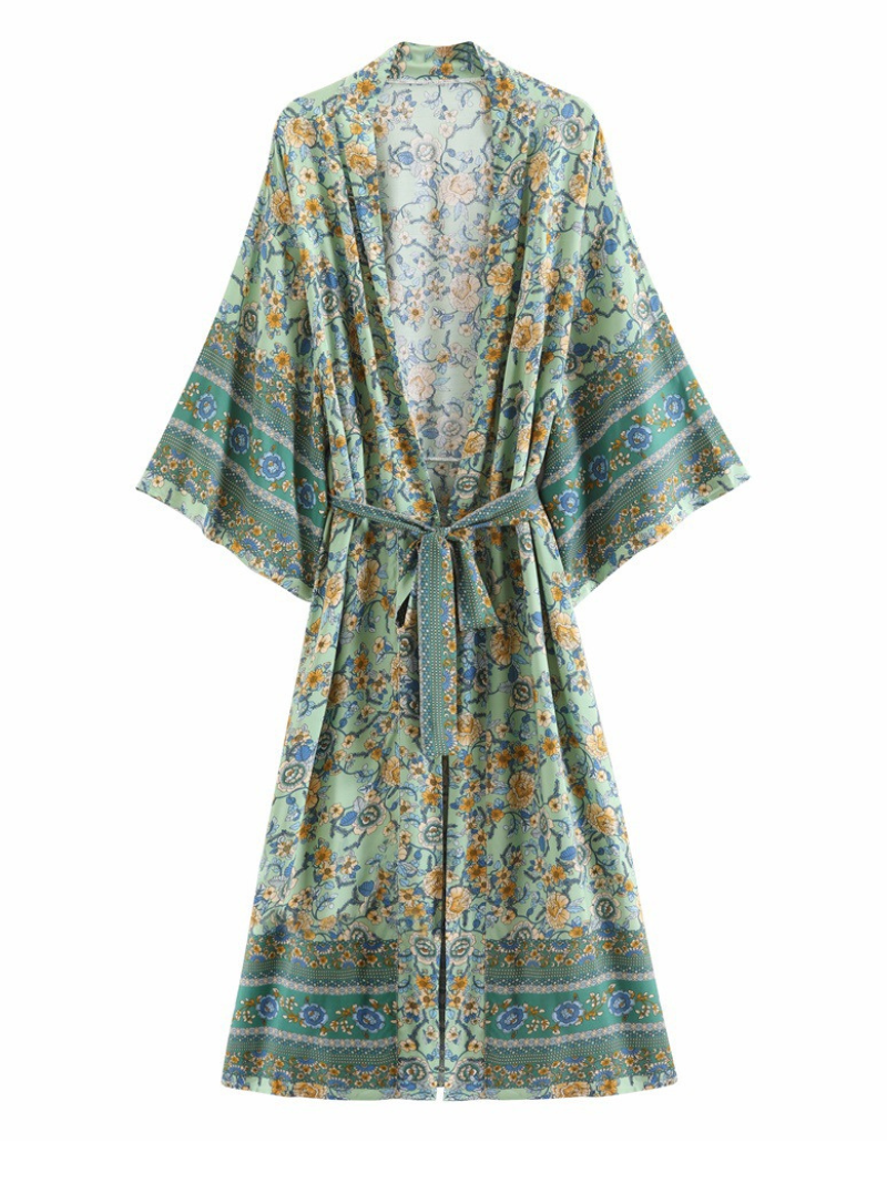 Green Floral Print Bohemian Wide Sleeve Belted Long Kimono