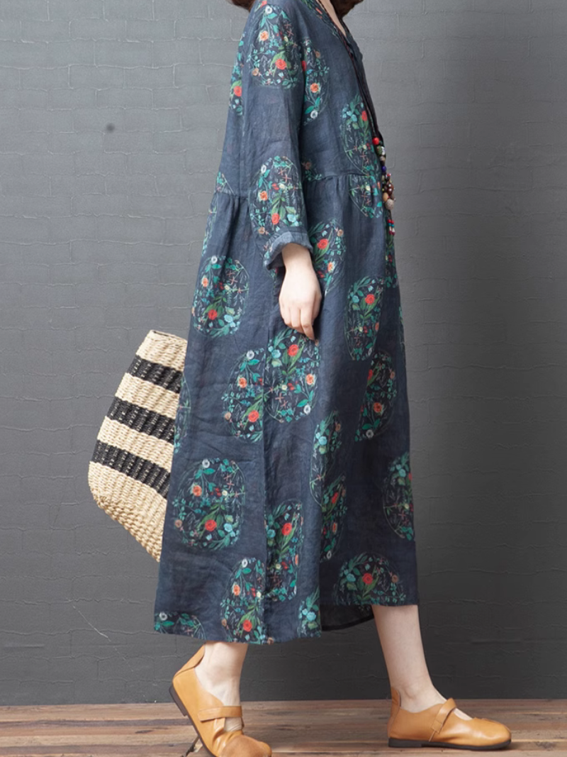 V-Neck Floral Print Long Sleeve Loose A-Line Midi Dress 2
