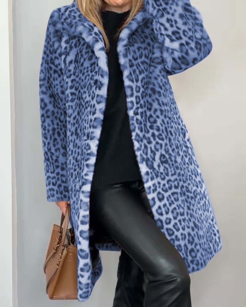 Notched Lapel Leopard Faux Fur Long Coat 3