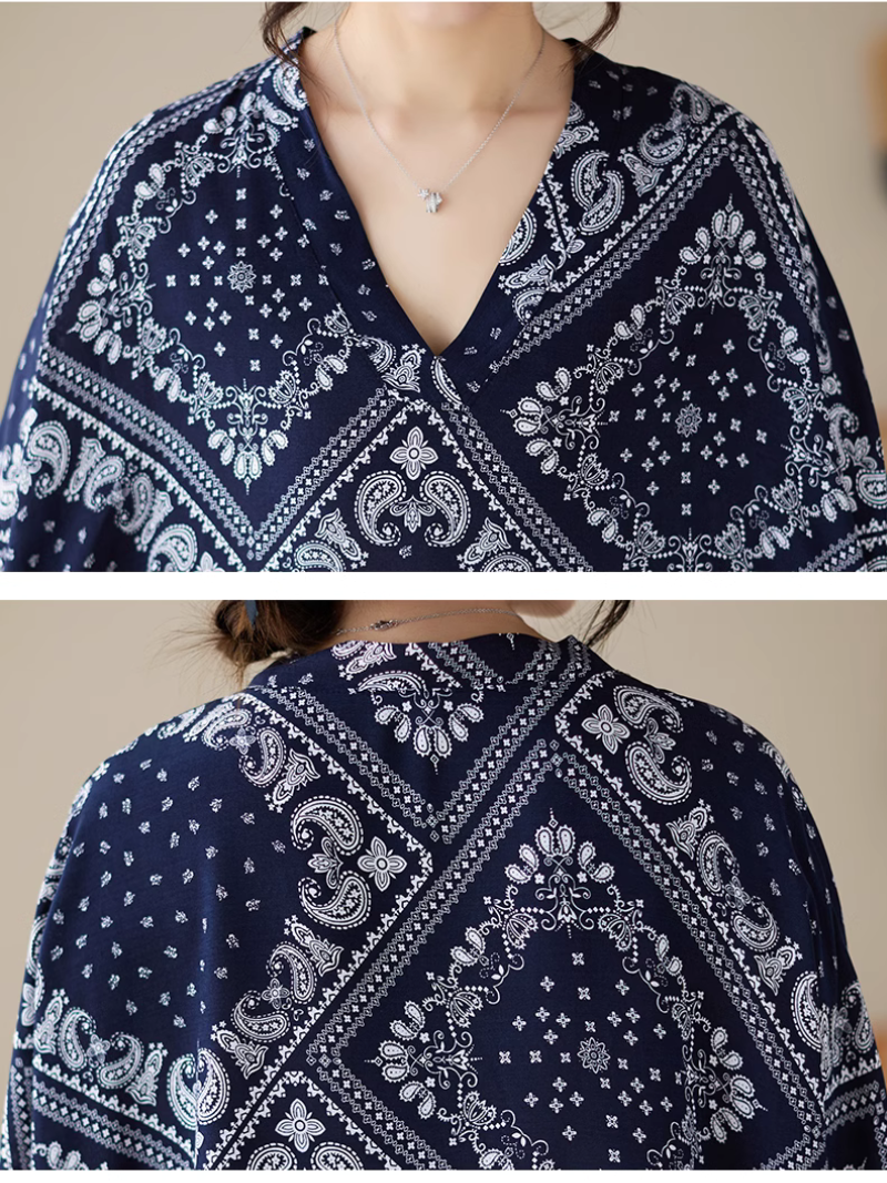 V-Neck Paisley Print Batwing Sleeve Loose Kaftan Maxi Dress