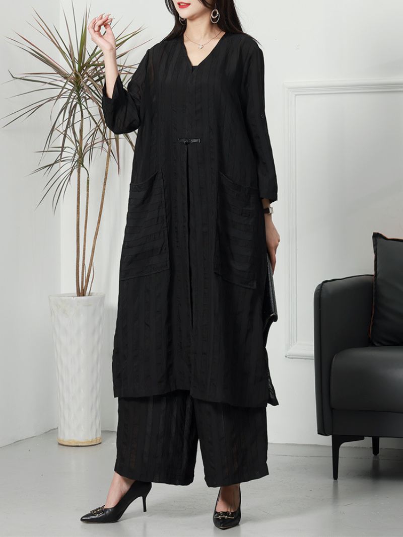 Textured Stripe Long Cardigan and Wide Leg Pants Set