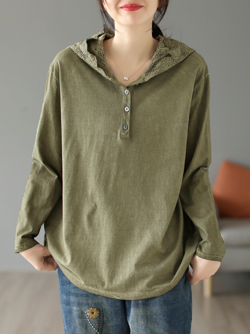 Lace Trim Hooded Button Placket Long Sleeve Loose Pullover Hoodie 3