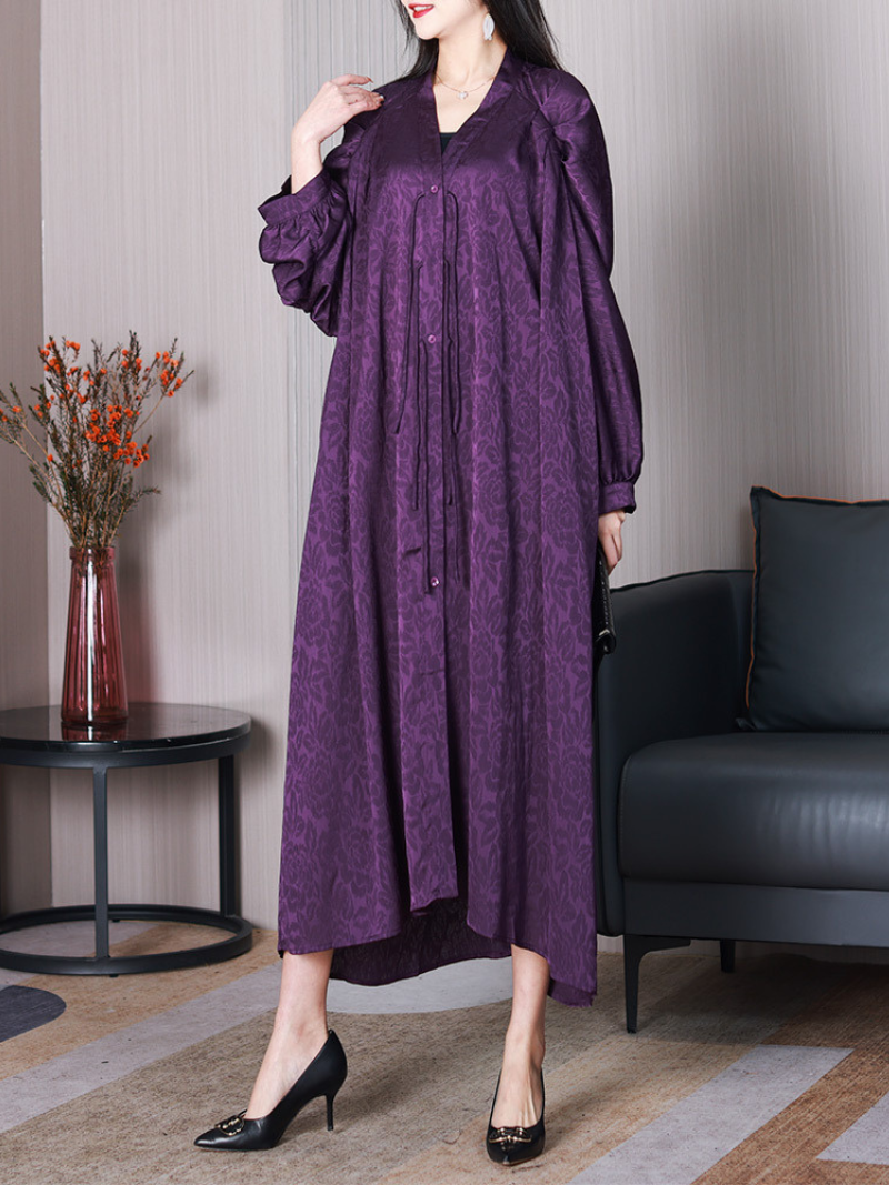 Purple V-Neck Tie Jacquard Long Sleeve Loose A-Line Midi Dress 5
