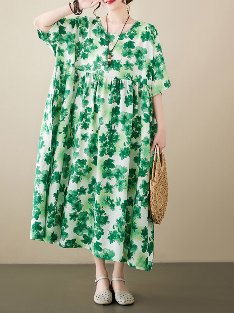 Green Round Neck Floral Print Short Sleeve Empire Smock Midi Dress