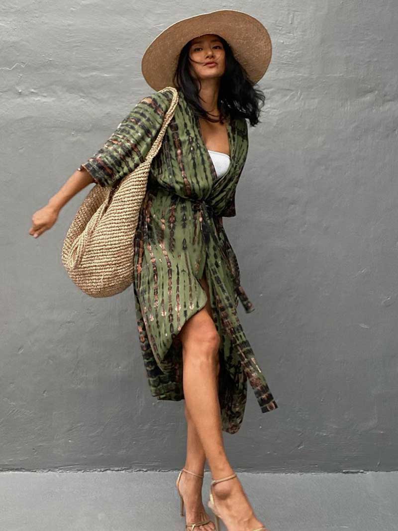 Tie-Dye Stripe Print Open Front Long Kimono Duster Robe 13