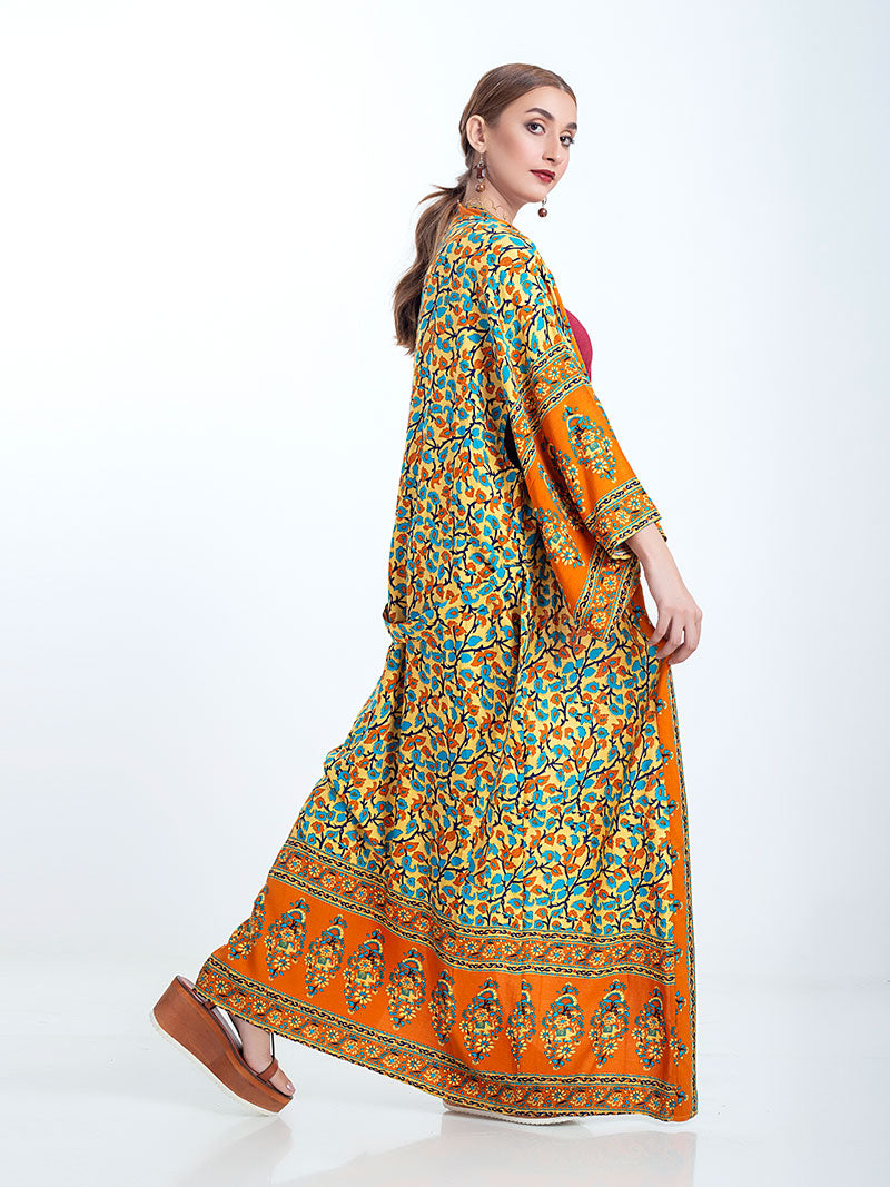 Orange Bohemian Floral Border Print Open Front Long Kimono Robe 4