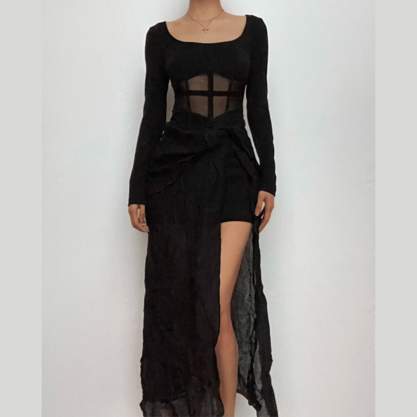 Corset square neck solid long sleeve ruched maxi dress
